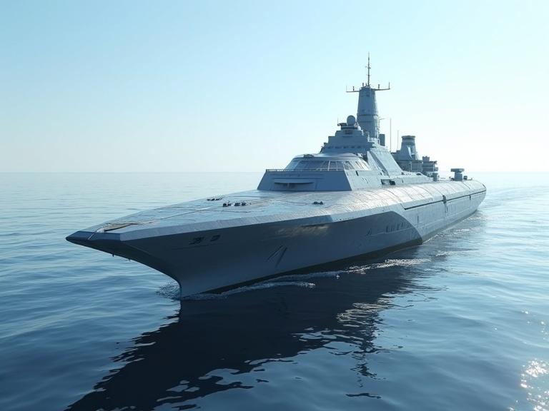 Create an image of a dark cinematic sleek light grey sci-fi polygonal bevel starship carrier on water with a white sunny blue sky and ocean. Capture realism with detailed shadows and textures, in 4K resolution.
