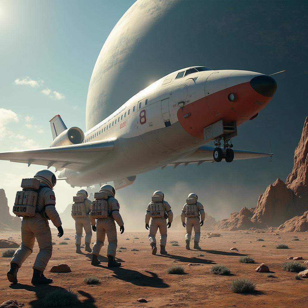 Spaceship unloading astronauts on a barren alien landscape. The spaceship is large with futuristic design. Astronauts in spacesuits walk towards the spaceship. Background shows mountains and a large planet.