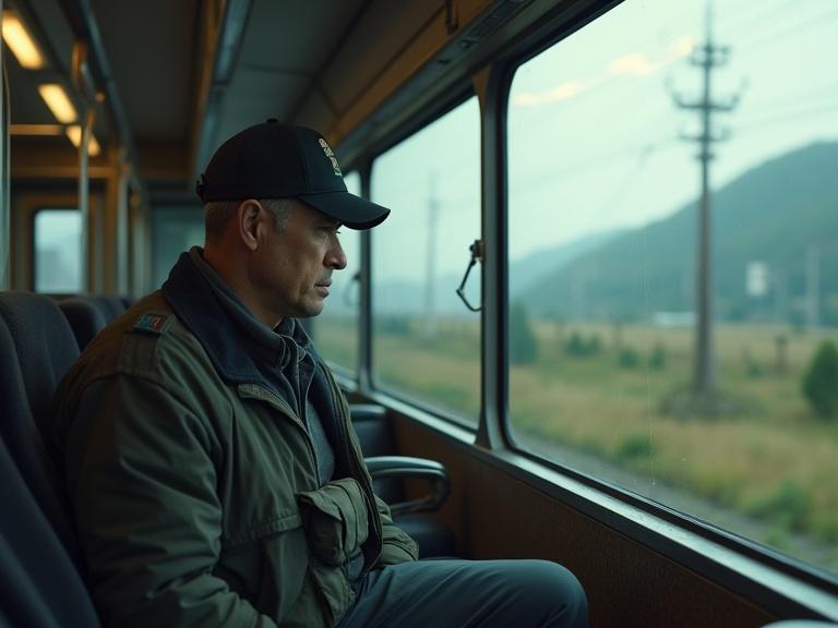 Footage or animation of a man traveling on a train to Nagasaki with bandages. The train passes through desolate landscapes, with silence and tension in the atmosphere.