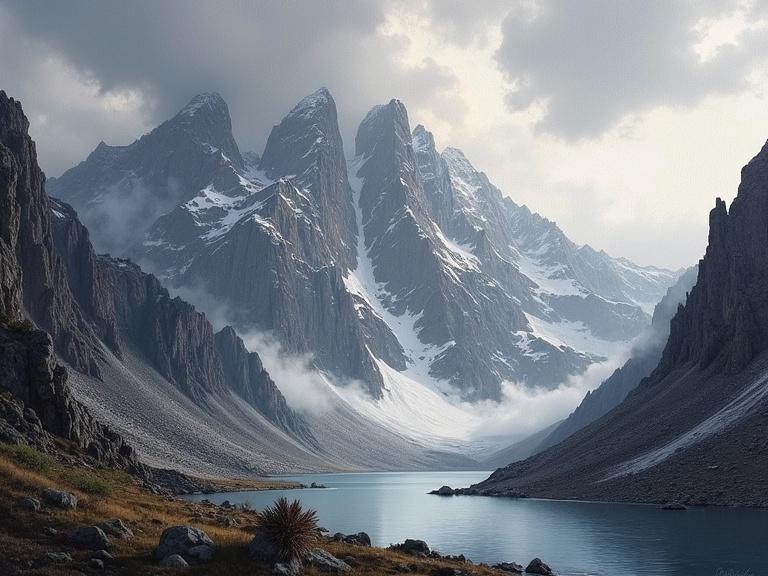 Mixed media art in alcohol ink and oil. Dramatic mountainous landscape scene. Tall peaks with snow patches. Dark storm clouds contrast with light. Serene lake reflecting surroundings. Vegetation along shores. Textured, impasto style. Vivid atmospheric perspective. Monochromatic color scheme.