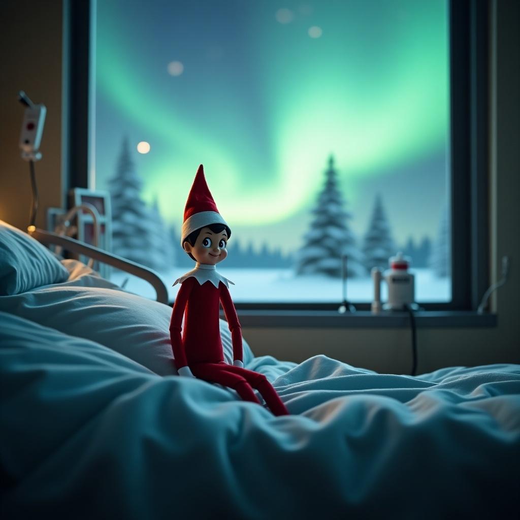 Elf on the Shelf positioned on a hospital room window with medical equipment. Soft aurora borealis light brightening the scene.