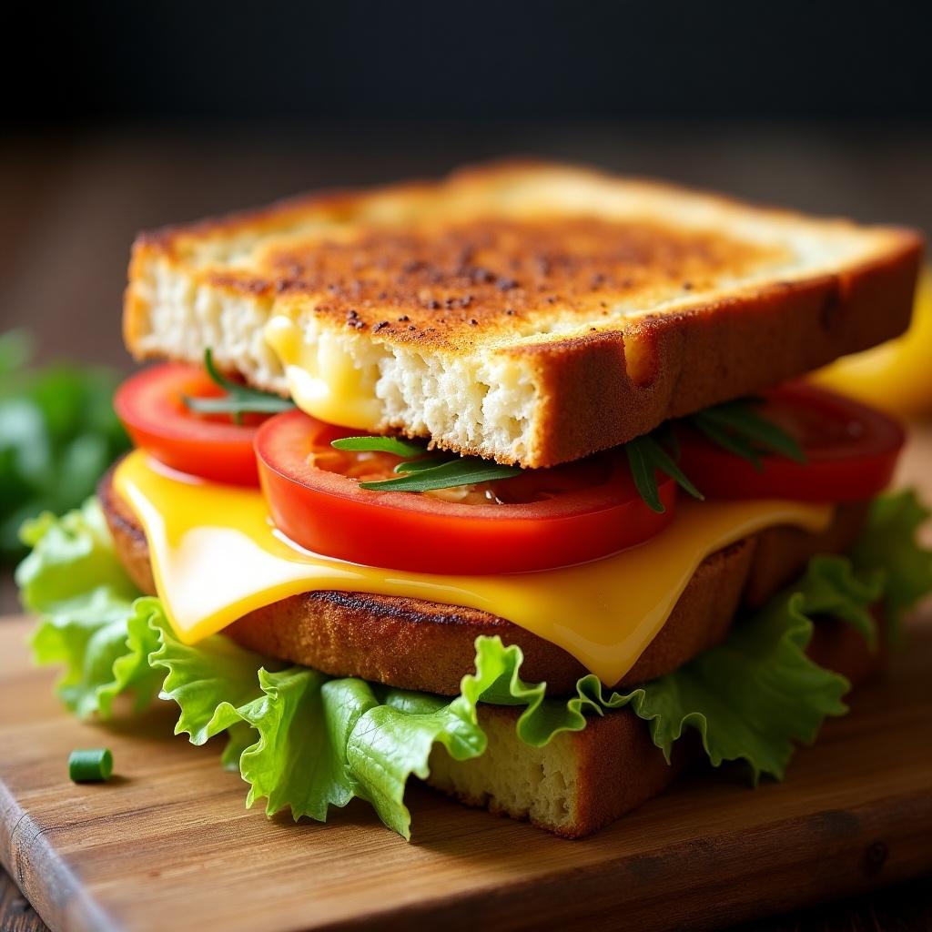 This image showcases a delicious Halloumi and cheese toast sandwich. The sandwich is made with thick slices of golden brown toasted bread. Inside, layers of melted cheese, fresh iceberg lettuce, and vibrant tomato slices are visible. The sandwich is arranged on a wooden board, emphasizing its freshness and appeal. Soft lighting highlights the textures, making it look appetizing and inviting.