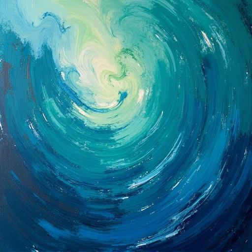 Abstract design features blue and green swirls. Suggests movement akin to a storm. Thick paint texture creates depth and interest.