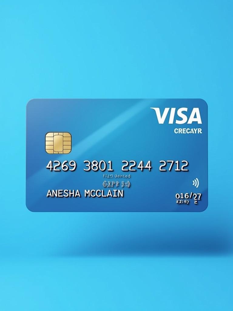 Realistic image of a Visa credit card shows logo prominently with card number 4269 3801 2244 2712. Name Anesha McClain aligned clearly, expiry date 06/27 visible. Clean blue background.