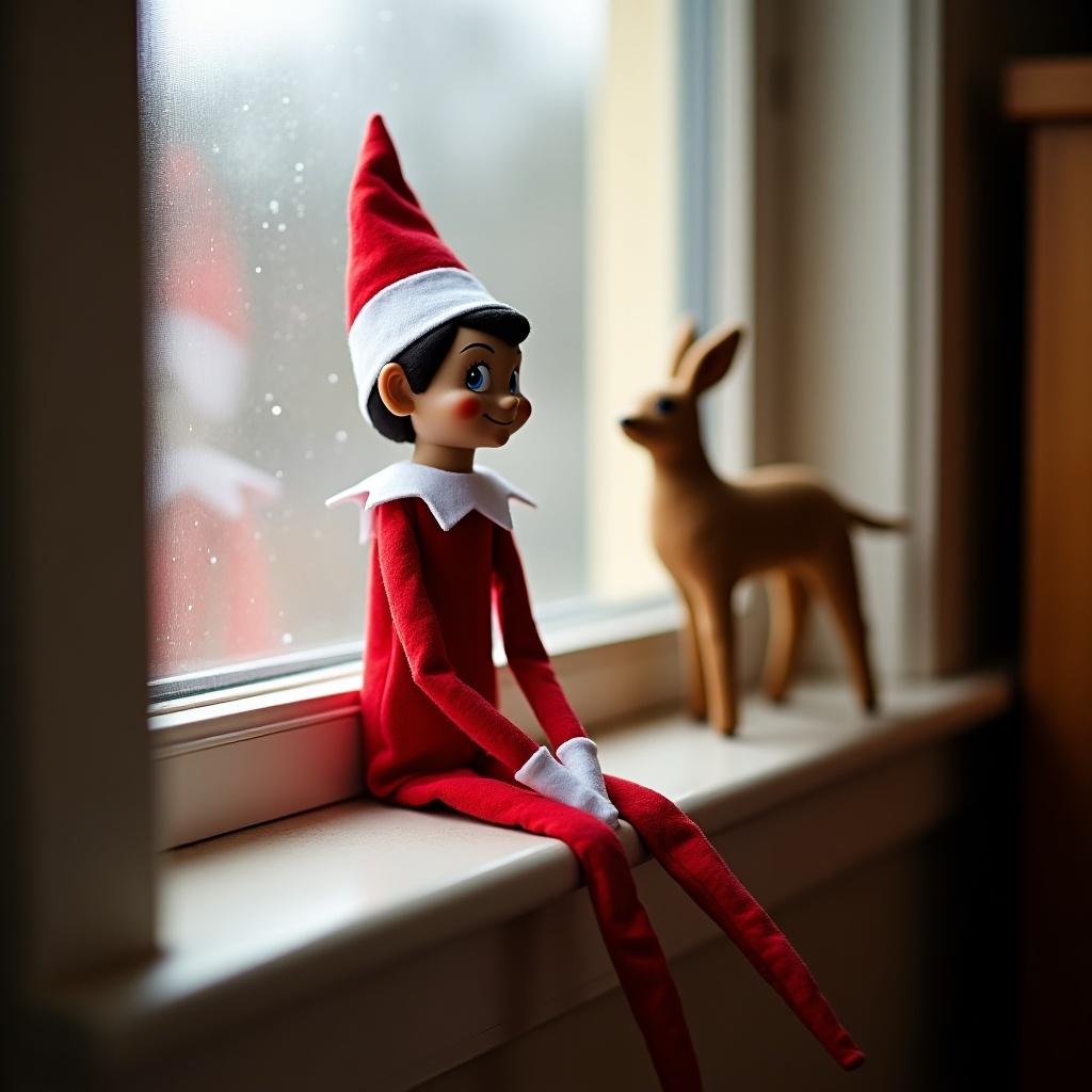 Elf figurine resembling a famous rapper sits on a windowsill near a deer figurine. Soft natural light creates a festive atmosphere.