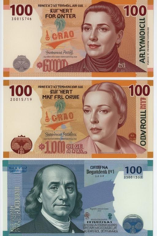 Three banknotes stacked showing various figures and denominations. Different countries' currencies include a blue note, an orange and beige note, and a green note. Focus on details of portraits and designs.