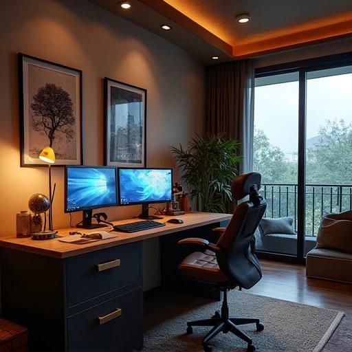 Stylish bedroom office setup for a trader. Two computer screens on a modern desk. Green plants add freshness. Large windows with natural light. Comfortable chair enhances workspace appeal.
