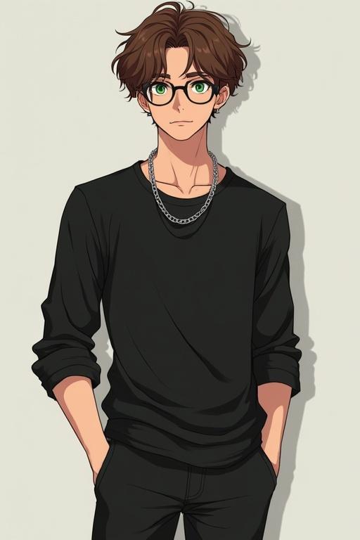 A masculine tall boy with brown hair and green eyes. He has a nerdy look. He is a university student wearing a black shirt and pants. His hands are in his pockets. He wears a silver chain around his neck and spectacles. The style is manhwa.