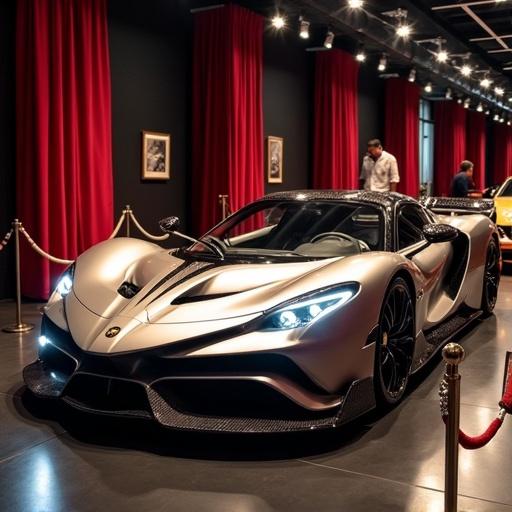 Jet themed supercar inside velvet ropes in a museum. Metallic finish on the main car. Very fighter jet themed.