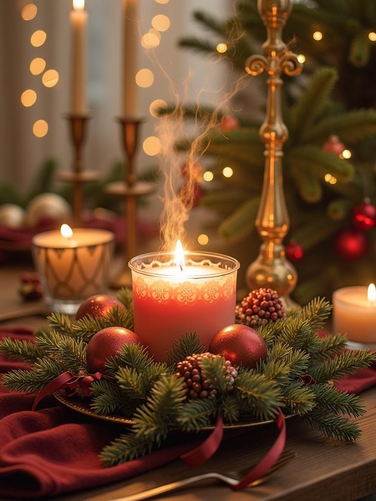 Candle lit on a festive table arrangement. Decorated with pine branches red ornaments and a golden candlestick. Warm light creates inviting atmosphere. Soft background lights twinkle in the festive setting.