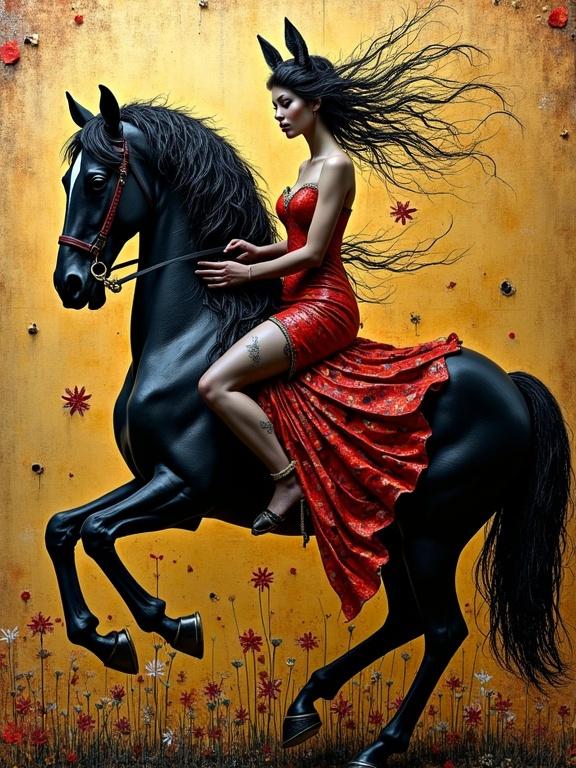A woman in a red dress rides a black horse. The woman has long hair and playful features. Background features gold and floral elements. The artwork has a whimsical style with intricate details. Emphasizes strength and femininity.