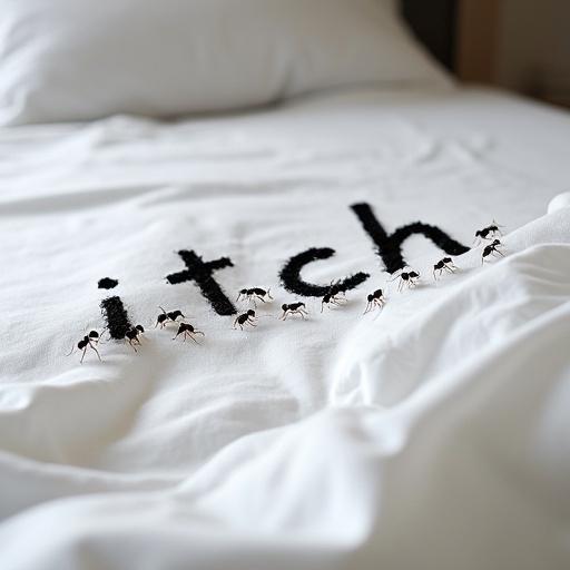 The word itch written in italic style on bedsheet with ants marching across it. Scandinavian bed setting with soft colors and textures.