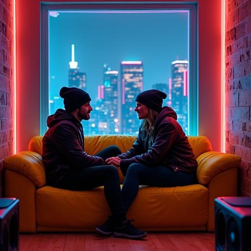 Man and woman sitting on a yellow couch. Engaged in a deep conversation. Both have fit muscular bodies. Wearing black leather jeans and hoodies. Black beanies on their heads. Cyberpunk gaming room in background. Brightly colored neon lighting. City skyline visible through the window. High-tech electronic gadgets around.