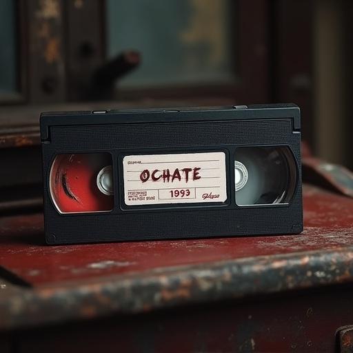 A creepy VHS tape is displayed. The label on the tape reads 'Ochate 1993'. The overall aesthetic is retro horror. The tape is resting on a weathered surface.