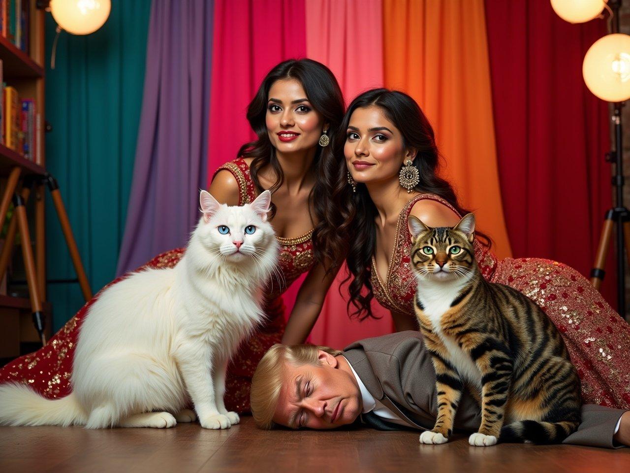 We are the actors of a Bollywood scene, posing for a photoshoot in a vibrant studio filled with colorful backdrops. Next to us are our two cats; one is long-haired, white with striking blue eyes, and the other is a plump cat adorned with multicolored tiger stripes and bright green eyes. The atmosphere is lively, with lights set up to enhance our glamorous outfits. On the floor, Donald Trump lies fainted, adding an unexpected twist to the scene. The setting captures a mix of drama and whimsy, making it a memorable moment for the photoshoot.