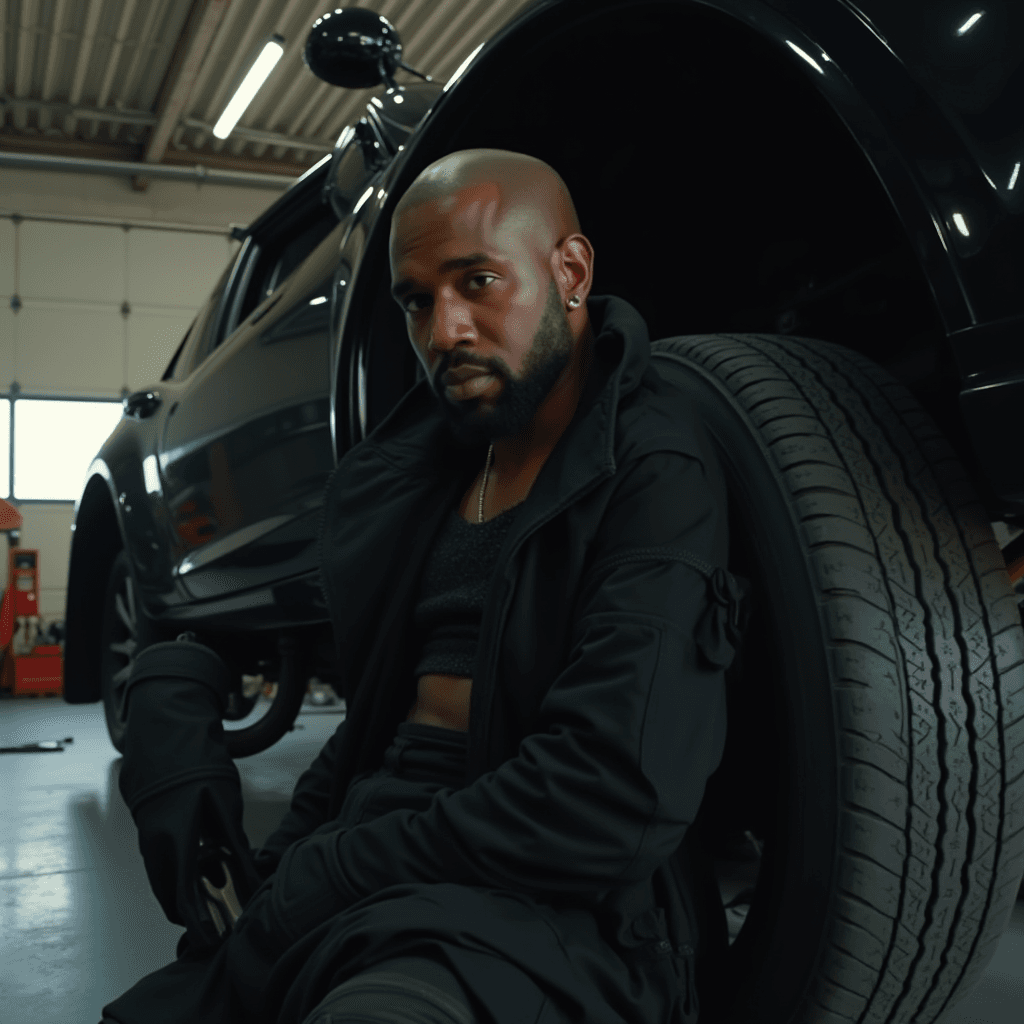 A man dressed in black sits contemplatively against a large tire within a well-lit garage.