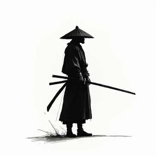 Minimalist ink drawing shows a samurai. Samurai holds a sword. Clean black ink lines used. Focus on gesture and form reduction. Quiet emotional presence present.