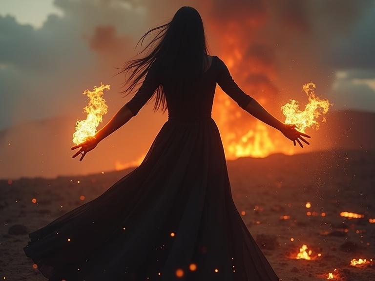 Closeup of a woman with long black hair and a dark dress standing in a volcanic landscape. She has flaming embers in her hands and is waving them. Background features smoke, glowing magma, ash falling, and a dramatic sky.