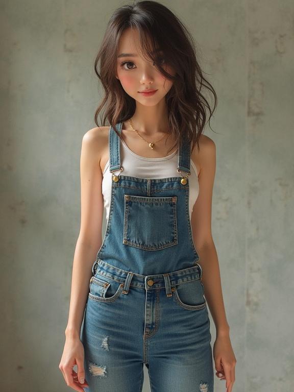 Portrait of a model wearing denim overalls over a tank top with soft natural lighting