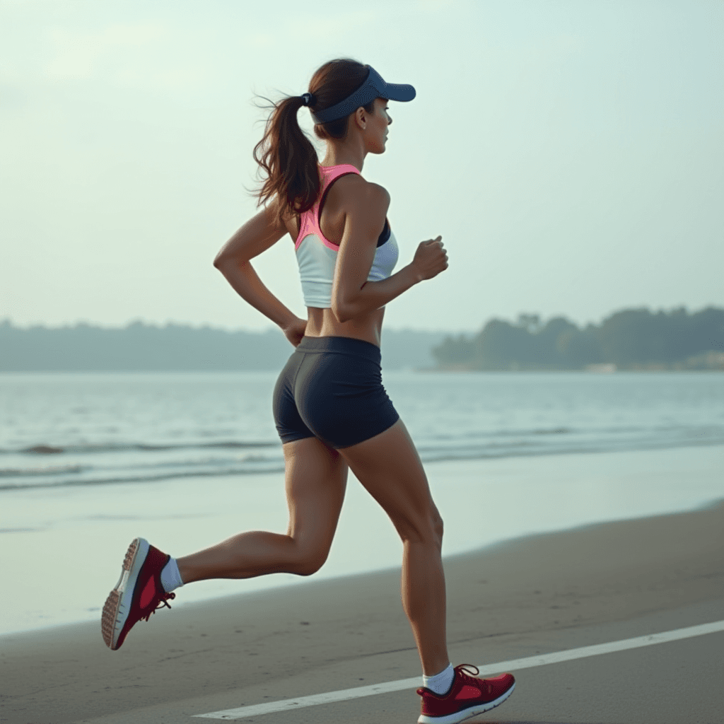 A woman jogs along a beach at sunrise, wearing athletic gear and a cap, with the ocean and trees in the background.