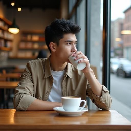 A young man drinks coffee in a modern café while thinking. He has short black hair and wears a light khaki jacket. The café has wooden furniture and soft natural light. The background shows a blurred urban scene through the window.
