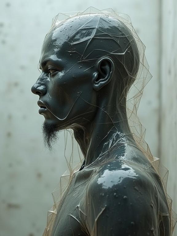Plastic texture covers a mannequin in a side view perspective. The mannequin has a sleek black finish. Focus on the transparent texture and the outline of the body. Minimal background draws attention to the figure.