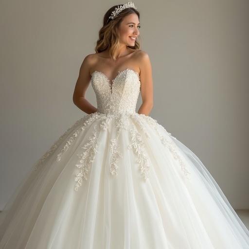 A woman in a princess-style ballgown wedding dress. The bride smiles with a flirty expression. The dress features intricate details against a soft background.