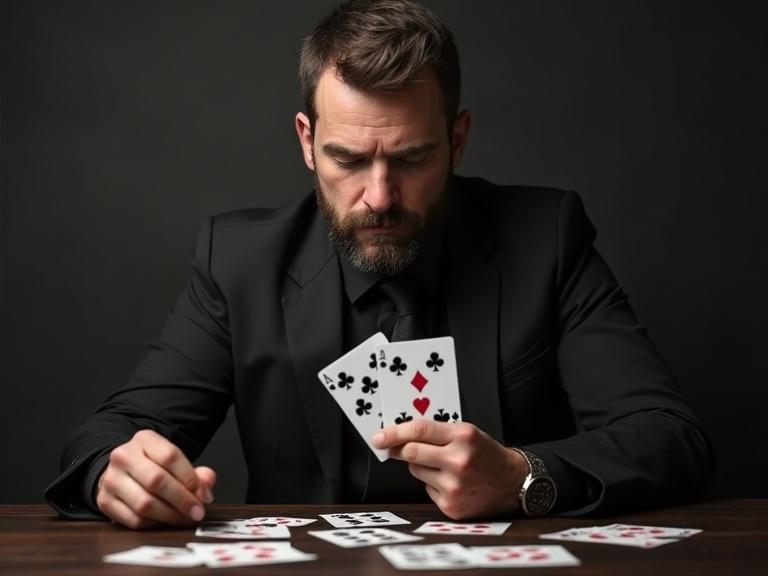 Split screen showing poor man playing cards and same man as great magician. Left side depicts a serious game with cards. Right side showcases the man performing magic. Dramatic lighting and contrasting themes support visual storytelling.
