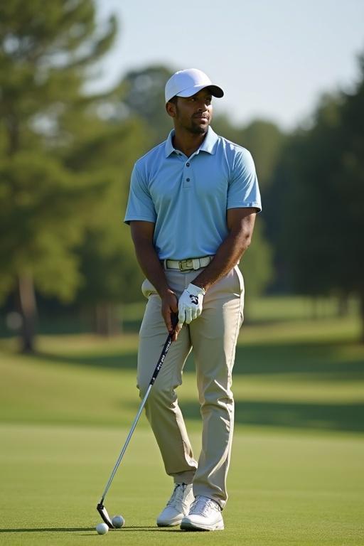 Golfer preparing to swing on a sunny golf course. The golfer wears a light blue polo shirt and beige pants. Natural surroundings are green grass and trees in the background.