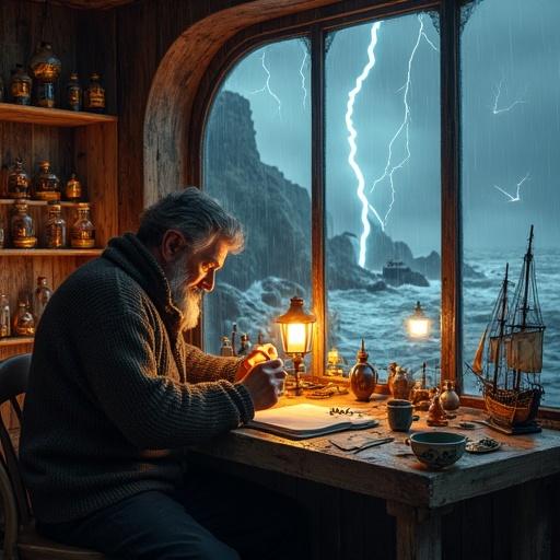 Interior of lamp room with a lighthouse keeper painting miniatures. Storm outside with rain and lightning. Warm lantern light illuminates wooden table. Completed ships in bottles on shelves. Cozy yet dramatic atmosphere with distant cargo ship visible through the storm.