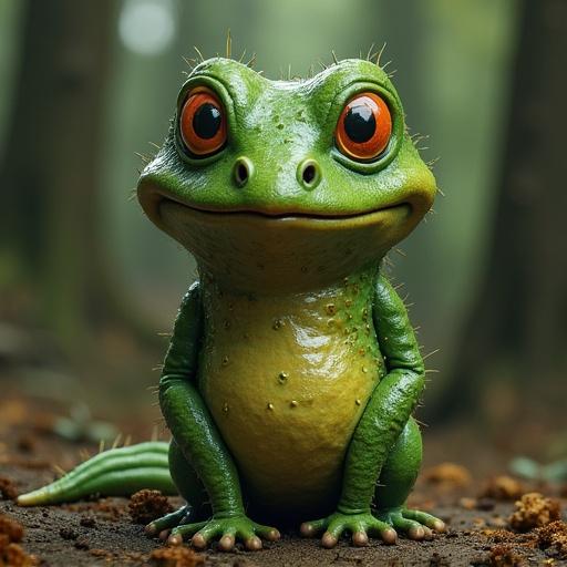 A frog dressed as a wizard with large eyes and a smiling expression in a magical forest.