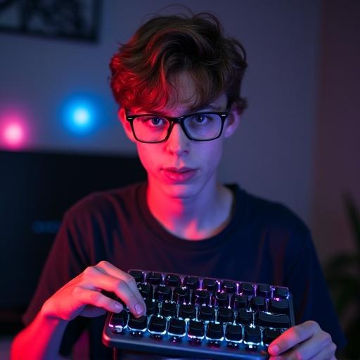Teenage boy holds mechanical keyboard in a cool lighting setup. RGB lights create a vibrant background. Boy has light brown hair and wears glasses.