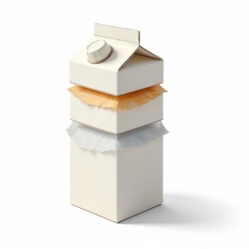 Detailed cross-section of Tetra Pak milk carton. Show layers including outer paperboard and inner aluminum foil. Include inner polyethylene. Utilize flat lighting. Style of technical illustration. Set against white background.