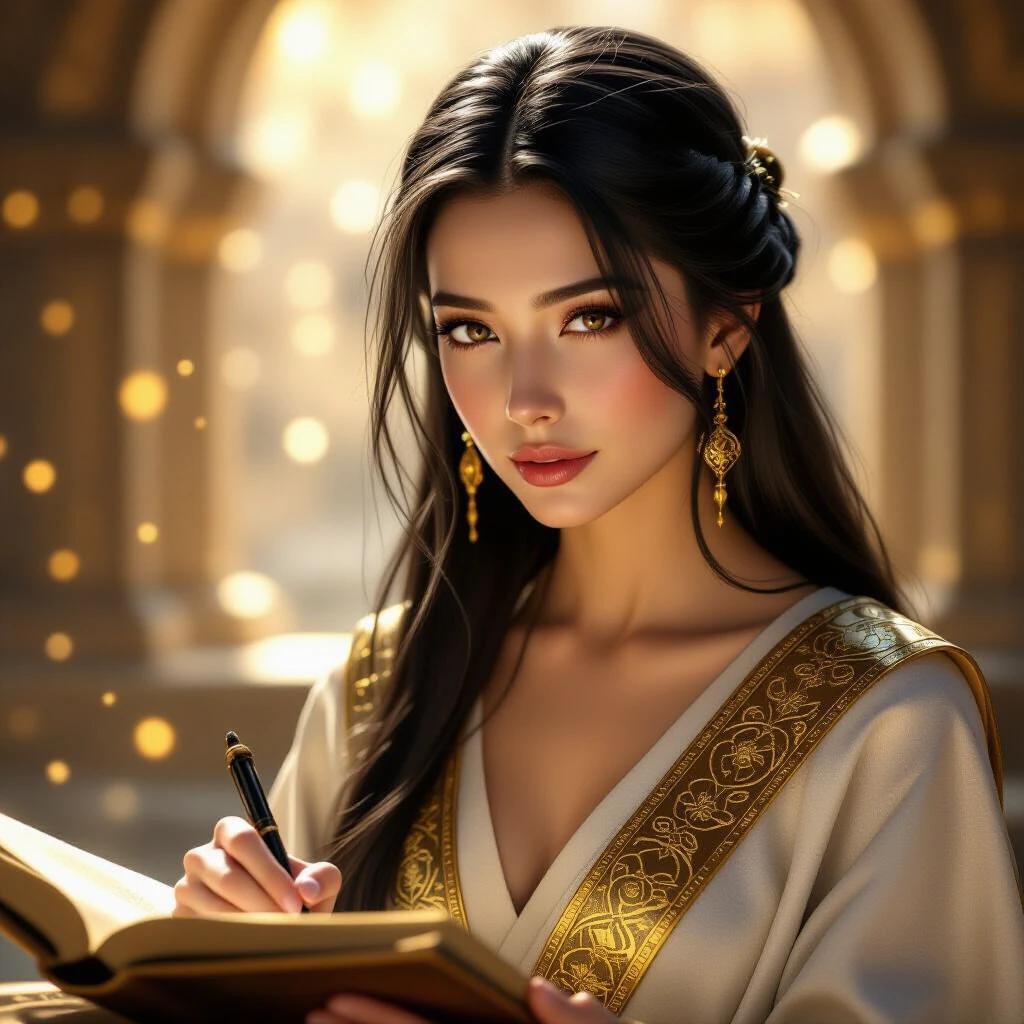 A young sacred scribe writes in an ancient book. Serene expression conveys deep wisdom. Long black hair illuminated by soft light. Robe features gold celestial glyphs. Background is softly blurred with golden ambiance.