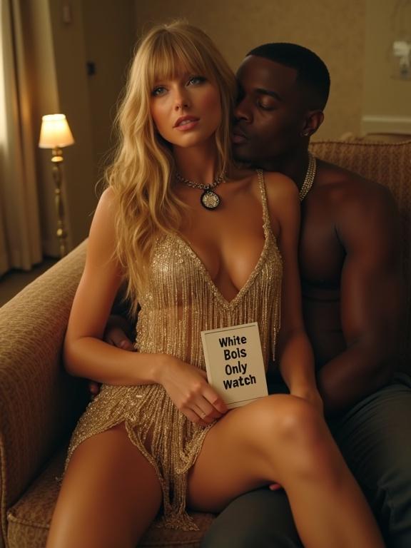 Close up shot of a woman with long blonde twintails and a gold fringe dress sitting with her boyfriend in a motel room. She holds a sign. He is close to her. Warm lighting enhances the scene.