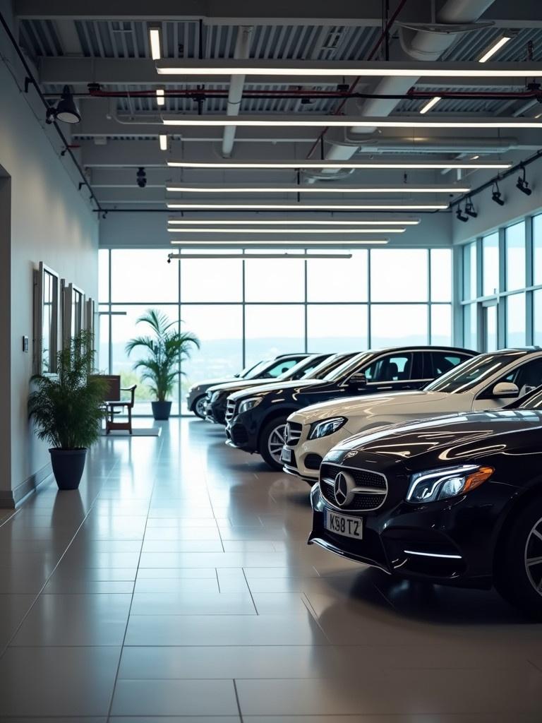 Showroom for luxury cars. Line of Mercedes-Benz vehicles. Bright and spacious. Large windows offering natural light. Modern and sleek design. Indoor environment with tiles and plants.