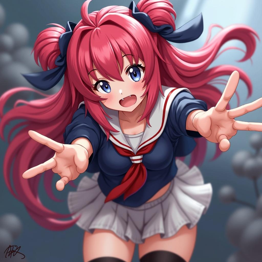 Anime character in a digital speedpaint. Character has long pink hair, blue eyes, and wears a school uniform. Character is reaching out with both hands. Background features soft, abstract shapes.