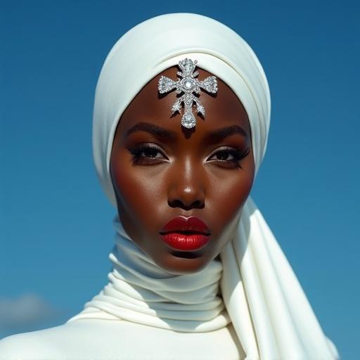 Photorealistic portrait of a woman with dark skin. She gazes directly at the camera. Elegant white headscarf with diamond embellishments. Large cross on her forehead. Sparkling jewels around her eyes. Bold red lipstick. Meticulously applied makeup enhances beauty. Background is a deep blue sky. Bright natural lighting highlights textures and details. Kodak Portra 400 film style.