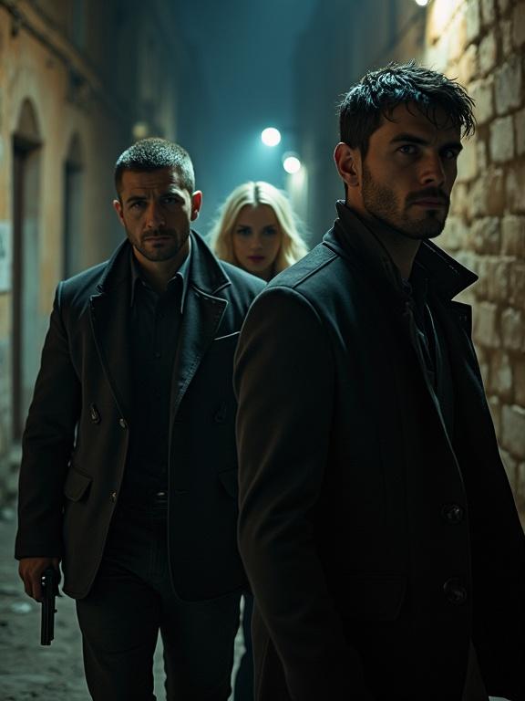 Three characters in dark outfits walk through an urban alley at night. One man holds a gun. A blonde woman walks between two determined men. The setting is gritty and atmospheric. Characters display intensity and purpose.