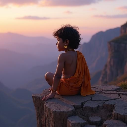 Medium close-up of child Hanuman on a rugged mountain cliff during twilight. Child sits on a cracked log. Gentle wind blows hair and saffron cloth. Soft evening light enhances details.