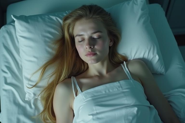 A young woman lies unconscious on a hospital bed. Illumination comes from soft cold overhead light. Long golden blonde hair spills across the pillow. She wears a simple white hospital gown. The gown drapes gently over her form. A subtle slit in the gown reveals crossed legs and ankles. Crisp white sheets contrast with her peaceful appearance. The sterile environment enhances her vulnerable image.