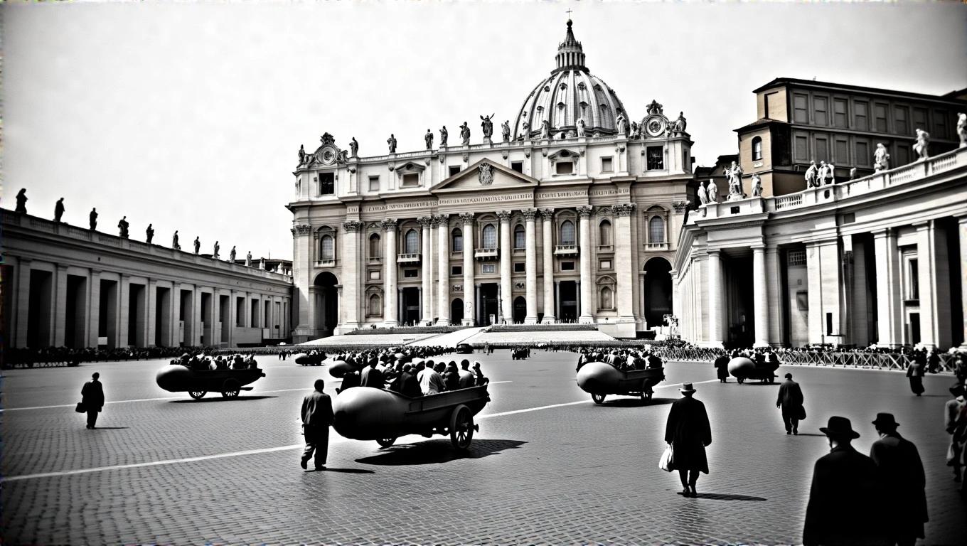 1950. People arriving at Vatican City during Jubilee. Tour buses unloading happy pilgrims after their journey.