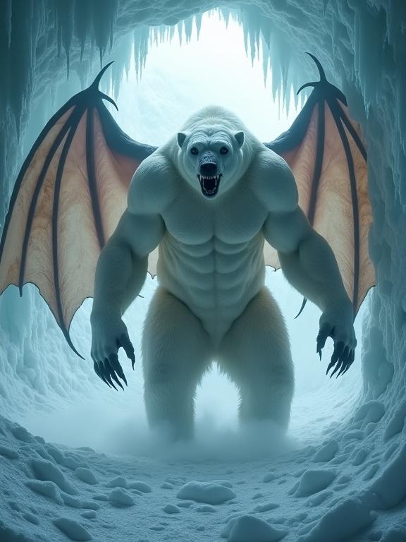 A hulking creature resembling a polar bear with bat wings. Muscles are defined and frost-matted fur covers its body. Torn membranes form leathery wings. Its face is a mix of a polar bear and a grotesque bat. Black eyes reflect instinct. Claws are large and menacing. The background is an icy cavern with glowing elements. Details are hyper-realistic and terrifying.