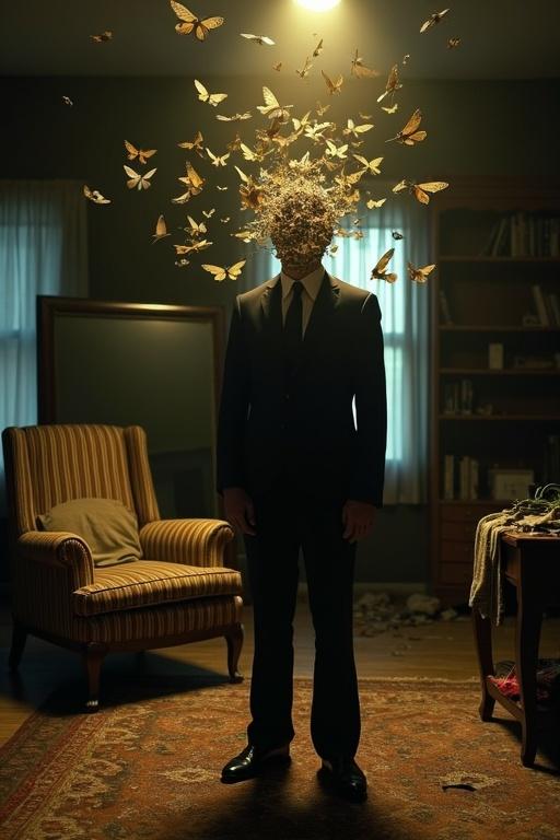 In a dimly lit room, a man in a suit stands with his head replaced by a swarm of moths, creating a sense of transformation. Two light sources cast shadows. An old armchair with a blanket is present. The floor is covered in a patterned rug scattered with objects including a large mirror and cluttered table. Bookshelves in the background enhance the chaotic look of the room.
