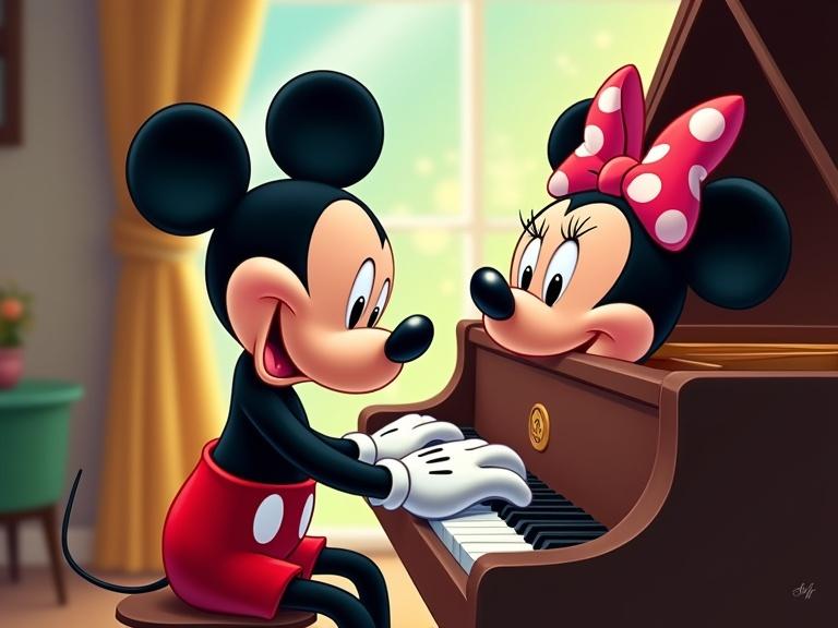 Vibrant Disney cartoon featuring Mickey Mouse playing piano with Minnie Mouse. Mickey wears red shorts and white gloves. Minnie has a polka-dotted bow and enjoys the music. Furniture and soft sunlight create a cozy atmosphere.