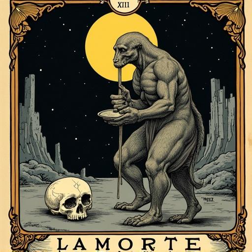 Card illustration in color styled as medieval fantasy. Depicts a skeleton with a cane. Skeleton stands on hind legs with arms spread. Scattered skeletons are seen on the ground. Dark background with a ruined tower at night. Full moon present, a skull beside the skeleton. Text above reads 'XIII', below reads 'La Morte'. Image has a 9:16 ratio with a golden border.