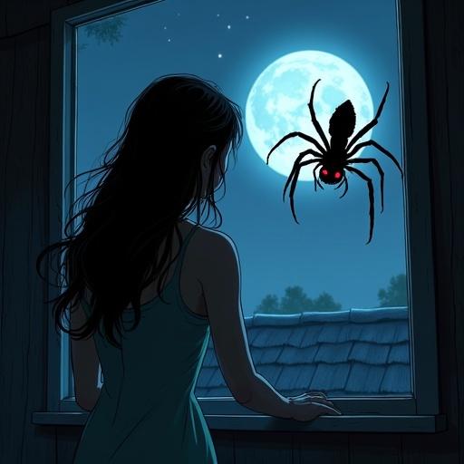 Scene features a room with a girl looking out the window. Outside is a large spider on the roof. The spider has glowing red eyes. The setting evokes a sense of mystery and tension. Hair moves with an unseen breeze. Themes of watchfulness and anticipation are present.