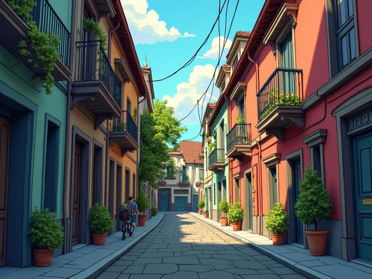 Cartoon scene of an old alley in the city featuring colorful buildings with balconies and potted plants