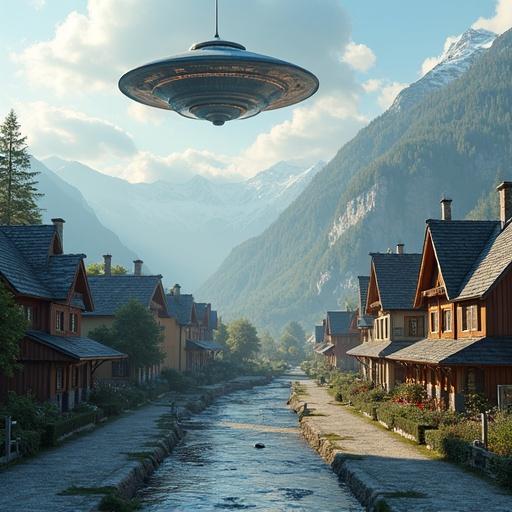 A UFO lands in a Swiss little town with mountains. 3D model of UFO in left corner.