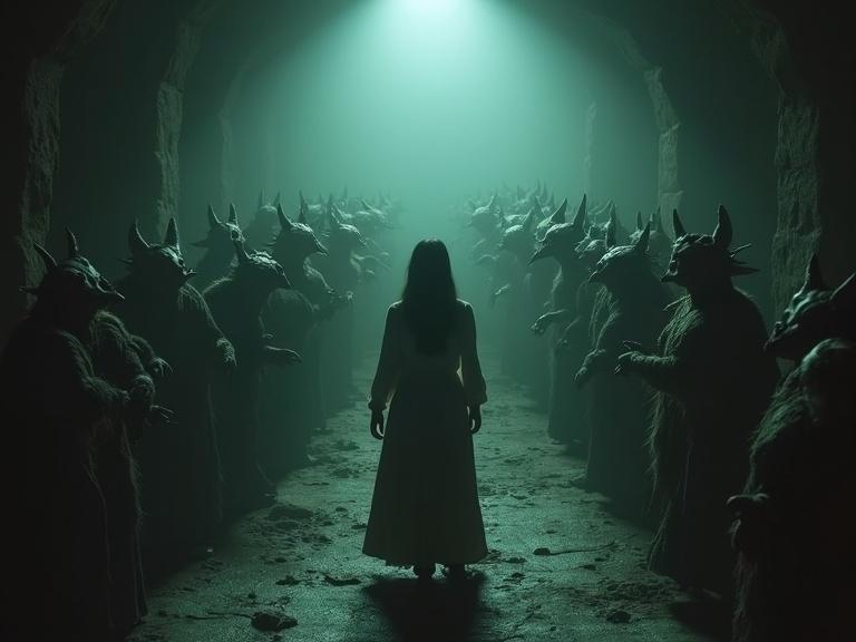 A dimly lit dungeon with a woman surrounded by creatures. The scene is filled with ominous shadows and green light.